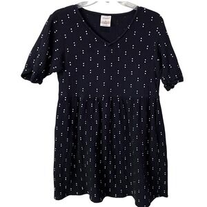Serra Black Polka Dot Cotton Gauze Babydoll Dress V-Neck Short Sleeve Small